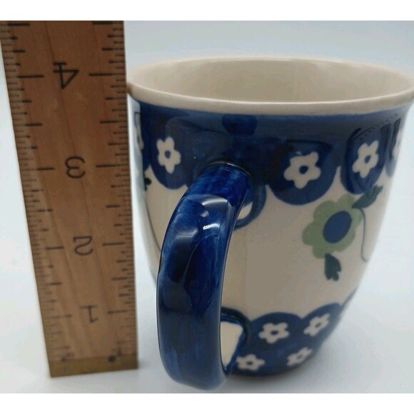 Polish Boleslawiec Green Blue Floral Mug Hand Painted 3.75” Tall - Picture 8 of 8